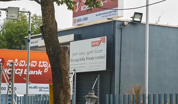 The main entrance signage of Starrag India Private Limited and a nearby ICICI Bank branch, highlighting the developed infrastructure surrounding Purva Northern Lights.