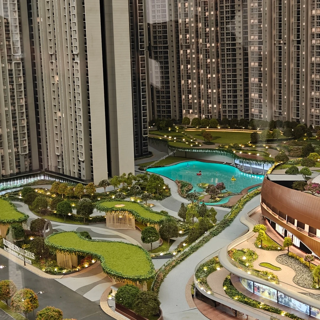 Elevated miniature perspective recorded on mar 13 focusing on the resort-style swimming pool, surrounding decks, and lush garden pathways