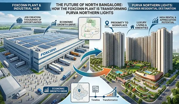 Aerial view of the rapid infrastructure and road development in North Bangalore, driven by major investments like the Foxconn plant near the Purva Northern Lights township.