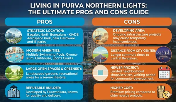 A visual summary weighing the advantages and disadvantages of investing in and living at the Purva Northern Lights township in North Bangalore