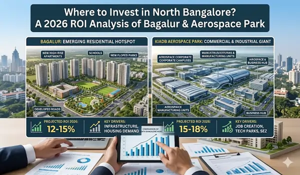 Graphical analysis showing the 2026 projected return on investment, capital appreciation, and rental yield trends for properties in Bagalur and the KIADB Aerospace Park.