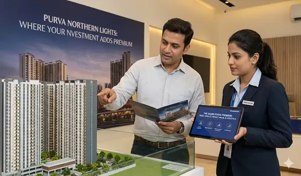 High-quality facade of Purva Northern Lights residential towers in North Bangalore showcasing Puravankara's signature architectural style.